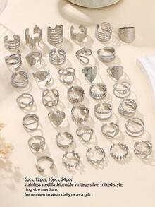 24pcs Stainless Steel Fashion Retro Golden Oil Pressure Ring Mixed Styles, Ring Styles Are Random, Finger Size Is One Size, Suitable For Women's Daily Dress Or Gift - Silver - View 3