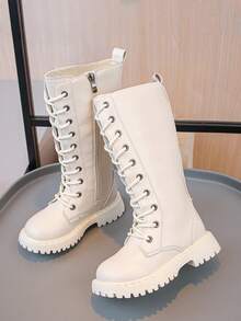 Girls Boots 2025 Autumn New Kids High-Top Boots Mid-Calf Casual Long Boots Non-Slip Flat Princess Boots Side Zipper Motorcycle Boots School Student Leather Boots - Beige - View 1