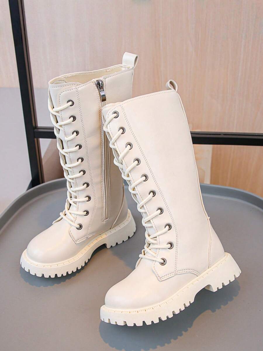 Girls Boots 2025 Autumn New Kids High-Top Boots Mid-Calf Casual Long Boots Non-Slip Flat Princess Boots Side Zipper Motorcycle Boots School Student Leather Boots - Beige - View 1