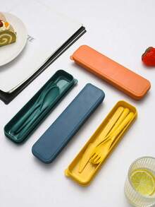 4件套可重复使用旅行餐具套装，带收纳盒，便携式塑料叉勺刀，露营餐具套装，成人午餐餐具，户外野餐餐具，厨房用具，学习用品，返校季 - 彩色 - 查看 2