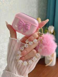Kawaii Glitter AirPo D Case With Beaded Chain, Baby Pink Rhinestone Bow Cover For AirPo D Pro 2/1/Pro & AirPo D 3/2/1, Includes Cleaning Brush! Cute Transparent Icy Flower Pom Pom Design, Gift For Her. TVKX - 粉色 - 查看 4