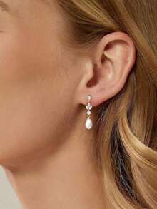 Women's Pearl Earrings Elegant Women's Gold Earrings 14K Gold/Silver Plated Cubic Zirconia Pendant Earrings Clip-On Pendant Pearl Minimalist Everyday Jewelry Gift - 垂墜的 - 查看 2