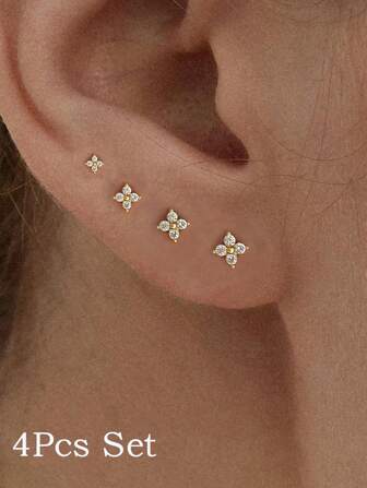 4 Pcs Dainty Tiny CZ Flower Stud Stackable Earrings Set For Women, 14K Gold Plated Flower Stud Earrings Set For Cartilage Helix Daith Piercing,Shiny CZ Ear Stud Stacks Gift Jewelry For Women Girl Men