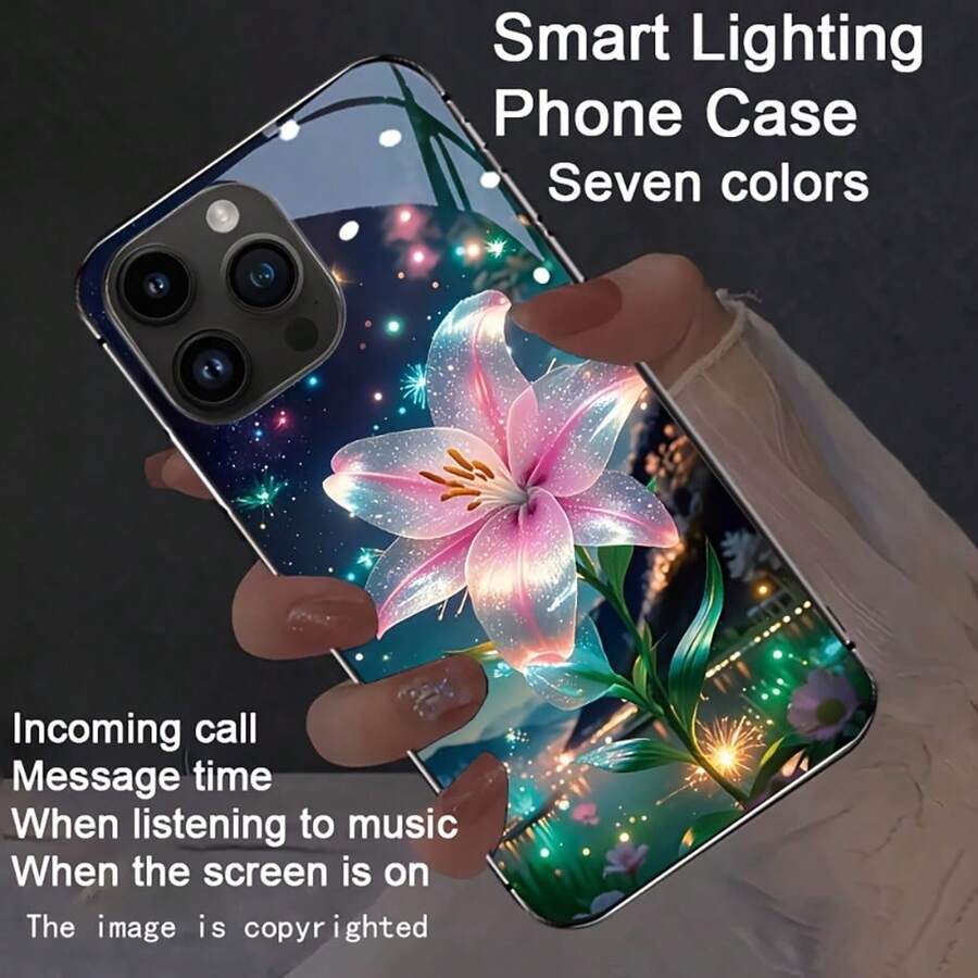 Fashion Voice Control Luminous Phone Case For IPhone 16 Pro Max 15 14 13 12 11 With Pink Lilies Bloom Quietly And Colorfully And Smart Design - 黑色 - 查看 1
