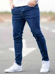 1pc Men's Blue Slim Fit Stretchy Denim Jeans - Blue - View 3
