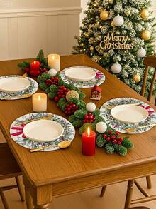 4Pcs Vintage Christmas Round Linen Placemats,Merry Christmas Dining Table Mats With Xmas Musical Symbols, Berry Green Leaf & Red Bow Wreath Design,Western Meal Table Pad,Christmas Party Decor,Christmas Decorations For Home,Xmas Decor,Kitchen Decor,Tabletop Decor,Holiday Party Supplies,Coffee Table Decor,Restaurant Supplies,Winter Decorations,New Year Party Supplies