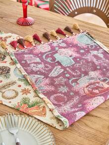 1pc Christmas Atmosphere Table Runner, Red Christmas Stocking With Golden Bell Jacquard Dining Flag, Tea Flag, Rectangular With Tassel, Suitable For Christmas Party Dining Table Decoration, Home Decor