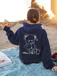 Tween Girls Casual Floral Print Thermal Lined Sweatshirt, Autumn - Navy Blue - View 9