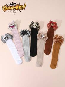 1 双女孩简约万圣节趣味卡通装饰踝袜，闪亮蝴蝶结点缀纯色罗纹及膝袜，四季皆宜 - 彩色 - 查看 3