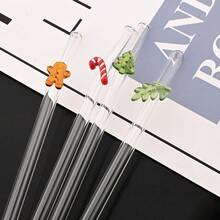 4 件可重复使用的圣诞设计玻璃吸管，长 20 厘米，耐用的厨房配件，适用于派对和鸡尾酒会，包括 1 个清洁刷