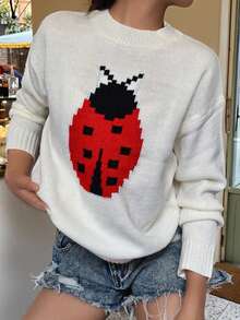 2025 Autumn And Winter Fashion Women's Casual Versatile Comfortable Home Ladybug Pattern Long-Sleeved Round Neck Sweater Fit Drop Shoulder Sweater Fall Women Clothes Country Concert Outfit Brunch Outfits For Women