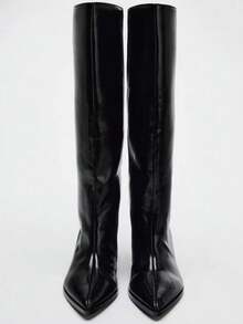 Stivali alti sopra il ginocchio con punta affusolata e tacco sottile, design reversibile con bottoni e patchwork, tacco a rocchetto, novità estate/autunno 2025 per donna - nero - Visualizzare 4