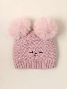 2 pezzi Cappellino neonato/bambino con doppia pallina, occhi chiusi e viso sorridente ricamato, berretto in maglia per neonati, bambini piccoli, inverno caldo cappello in maglia per bimbi e bimbe - Multicolore - Visualizzare 4