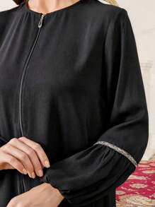 Abaya Robe Fashion Women's Elegant Sequin Long Sleeve Loose Zipper Dress - Black - View 4