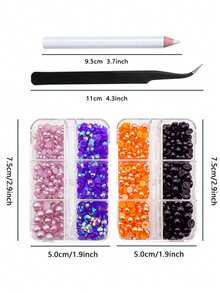 2 Boxes Mixed Pearls And Rhinestones For Nail Art, Crafts, Orange Purple Black Halloween Flat Back Pearls For Nails, With Tweezers And Wax Pencil, Embedded With Sparkling Gemstones For DIY Face, Eyes, Cosmetics, Roller, Bottle Making - Orange - View 3