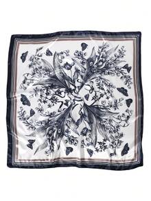 1 件女士海军蓝蝴蝶和花朵印花缎面方形围巾，时尚户外头带，情人节礼物头巾 - 藏蓝色 - 查看 3