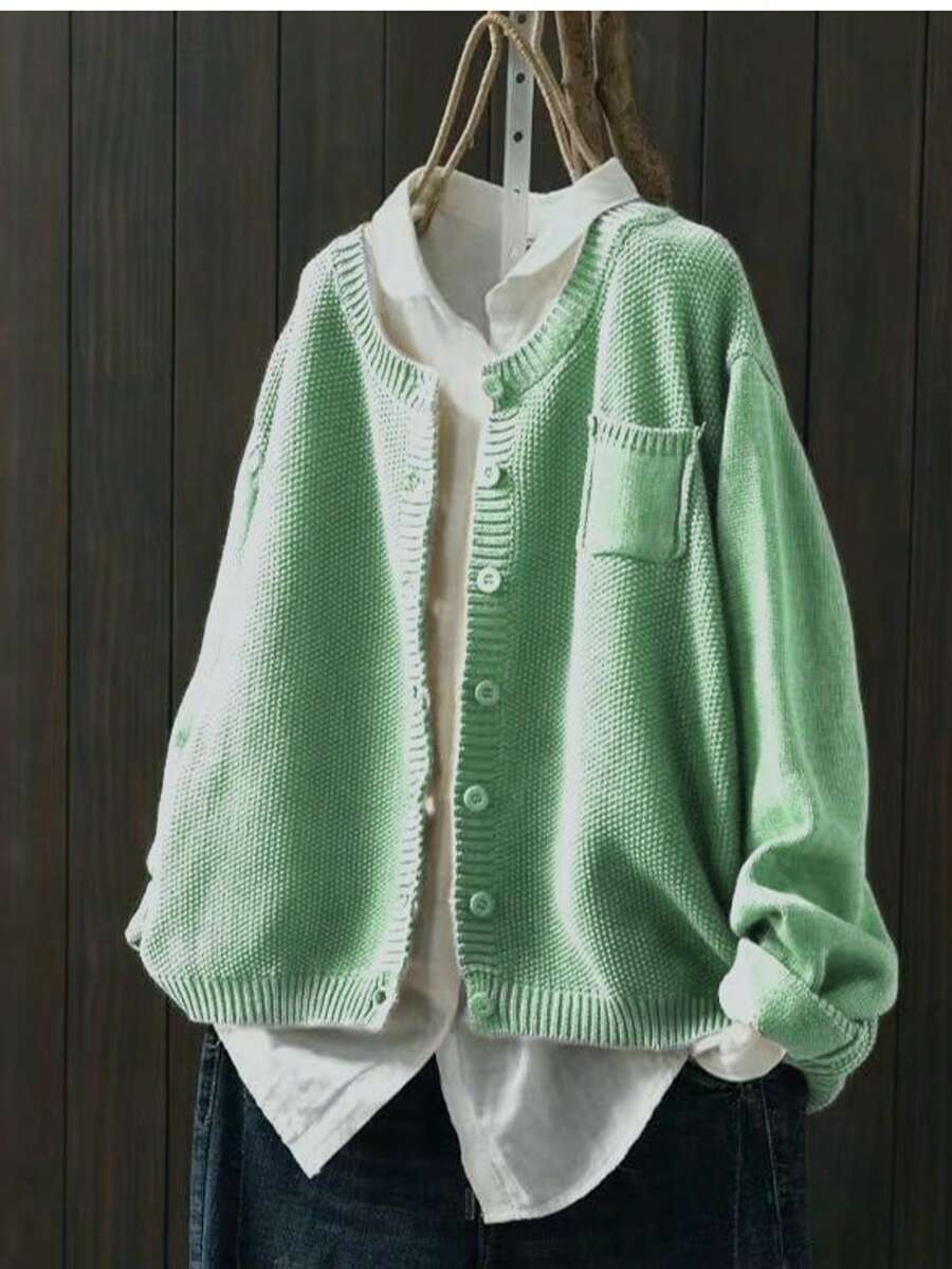 Áo khoác cardigan dài tay cổ tròn màu trơn cỡ lớn, thường ngày, thu/đông - Màu xanh Bạc hà - Xem 1