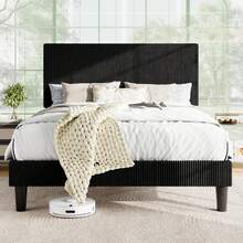 SHA CERLIN Full/Queen/King Bed Frame, Velvet Platform Bed Frame With Vertical Channel Tufted Headboard, Upholstered Corduroy, Strong Wooden Slats, Mattress Support, No Box Spring Needed, Easy Assembly, Black - màu đen - Xem 2