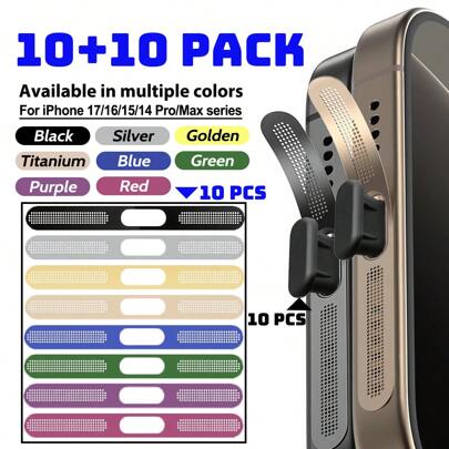 10+10pcs/Set For IPhone 17 Pro Max/17 Air/17/16/15/14 Pro/14 Pro Max Series Metal Speaker Dustproof Mesh(10pcs-Multicolour) + Type-C Dust Stopper(10pc