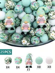 25 件硅胶珠组合 - 粉彩海滩侏儒和花卉设计工艺珠，适用于珠宝制作、DIY 手链、项链、钥匙扣 - 耐用光滑质地珠子，带有贝壳和雏菊图案，异想天开的手工工艺品用品，珠宝制作配件，钥匙扣配件，俏皮珠子设计 - 彩色 - 查看 6