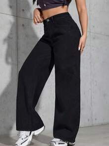 Women's Wide Leg High Waist Jeans - Black - View 3