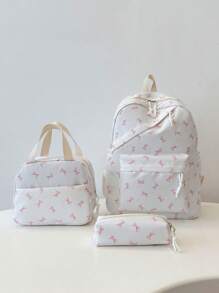 3pcs Nylon Bow Print Backpack Set, Foldable Multi-Pocket Large Capacity Waterproof Zipper Backpack, Suitable For Teenagers, High School Students, College Students, Ladies For Daily Use, Commuting, Travel, Valentine's Day Gift