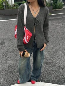 女士冬秋季毛衣街头潮流 Y2K 休闲简约日常百搭通勤风格系带蝴蝶结 V 领修身纯色超大开衫情人节、约会、派对、旅行和拍照、感恩节的完美选择 - 深灰色 - 查看 7