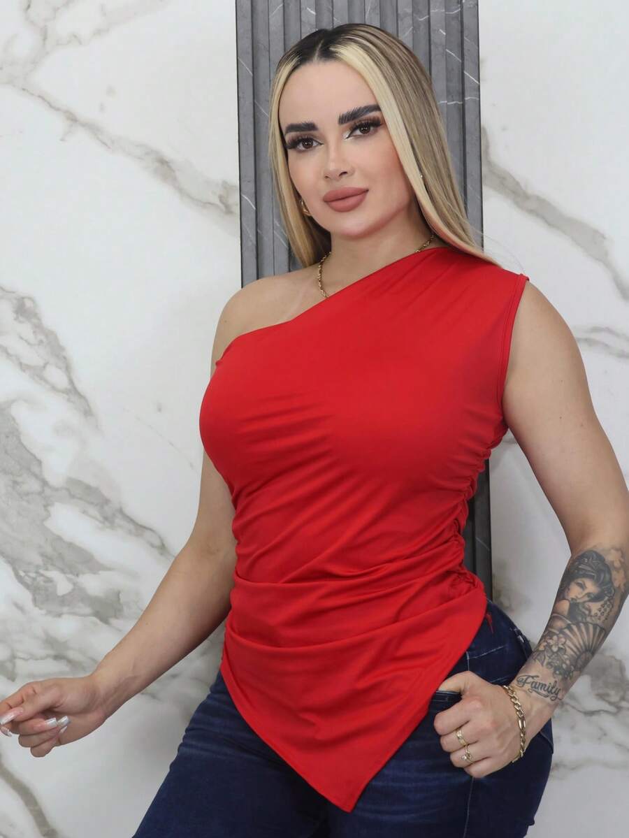 blusa mas top del momento blusa basica de moda blusa de dama blusa de mujer blusa un hombro blusa de dama casuales blusa hombro fruncido blusa pico   Liso    Casual  Fiesta  Elegante    Fruncido  Asimétrico    Playa  Vacación  Tener una cita