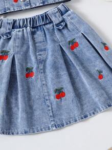 2pcs Young Girl Retro Cherry Embroidery Sleeveless Denim Tank Top And Denim Pleated Skirt Set, Summer