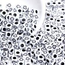 200/600Pcs 6mm Square/7mm Flat Round Acrylic Beads Cross Pattern Beads Loose Spacer Beads For Jewelry Making DIY Bracelets Accessories - 白底黑字/方形 - 查看 1