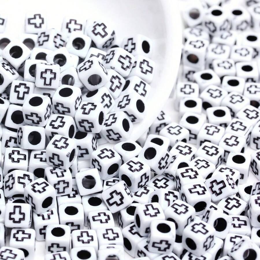 200/600Pcs 6mm Square/7mm Flat Round Acrylic Beads Cross Pattern Beads Loose Spacer Beads For Jewelry Making DIY Bracelets Accessories - 白底黑字/方形 - 查看 1