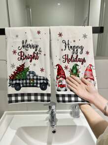 2pcs Christmas Hand Towels, Plaid & Christmas Tree Pattern Design, Advent Gift, Christmas Surprise, Cleaning Cloths, Kitchen And Dining Decor, Outdoor Party Supplies, Suitable For Christmas Kitchen And Bathroom Decoration