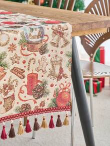 1pc Christmas Atmosphere Table Runner, Red Christmas Stocking With Golden Bell Jacquard Dining Flag, Tea Flag, Rectangular With Tassel, Suitable For Christmas Party Dining Table Decoration, Home Decor