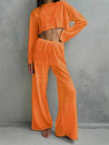 Set de 2 piezas de unicolor con top de manga larga de cuello redondo y pantalones, última , transpirables, cómodos, suaves, holgados y elásticos, adecuados para usar tanto en exteriores como en interiores, ropa de otoño