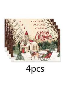 1/2/4pcs 30x45cm Christmas Theme Placemats, Vintage Christmas Snowy Landscape, Christmas Carriage Pattern Placemats, Kitchen Dining Table Decor, Decorative Accessories, Tableware Mats, Room Decor, Dining Table Decor
