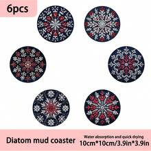 1set/4pcs/6pcs/300pcs Snowflake Red White Embroidery Christmas Pattern Diatom Mud Coasters, Coffee Coasters, Home And Restaurant Multi-Occasion Decorations, Daily Gifts, Table Decorations, Daily Decorations, Theme Party Decorations - Multicolor - View 13