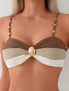 Two-Piece Bikini Swimsuit Set With Crisscross Colorblock Crop Top And Swim Bottoms, Featuring Adjustable Strap Top Decorated With Metallic Beads In Tricolor Cutout And Regular Triangle Bottom - 棕色 - 查看 4