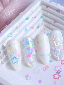 6片装混色美人鱼美甲贴纸，彩色亮片美甲贴，心形星星字母图案，情人节装饰，美甲贴纸，美甲配件，美甲饰品，美甲宝石，美甲用品 - 彩色 - 查看 6