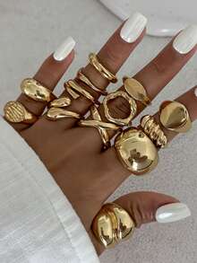 Juego de 13 piezas de anillos de nudillo con gota de agua brillante estilo Ins, anillos de metal líquido arrugado asimétrico cruzado, adecuado para fiesta, regalo, uso diario - Dorado - Ver 2