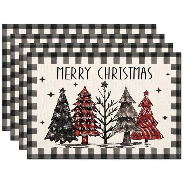1pc/4pcs Christmas Theme Placemats, Black & White Buffalo Plaid Christmas Tree Placemat Set, Minimalist Faux Linen Rectangular Heat-Resistant Tableware Mat, Suitable For Holiday Gatherings And Parties, Seasonal Christmas Party Kitchen & Dining Decor, 12*18 Inches