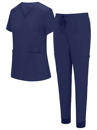 女士纯色护理套装 - V 领套头衫、多口袋工装裤