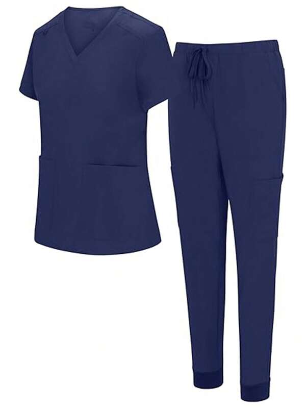 Women's Solid Color Care Set - V-Neck Pullover Top, Cargo Pants With Multiple Pockets