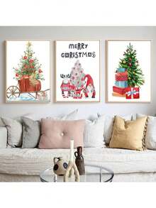 1/3pcs Christmas Tree Lovely Elk Vivid Posters And High-Definition Printed For Living Room Bedroom Home Decor Wall Art Minimalist Aesthetics Print Canvas Painting For Bedroom Modern Home Decor Christmas Decorations Room Decor - Multicolor - View 1