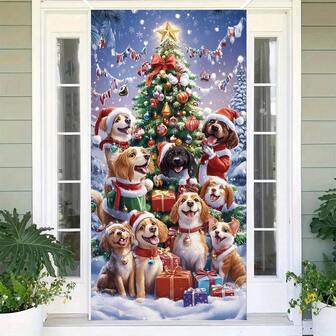 2D 门旗，圣诞快乐小狗和树门旗 - 35.4x70.9 英寸节日派对涤纶墙饰，室内外使用 - 非常适合圣诞派对和家居装饰