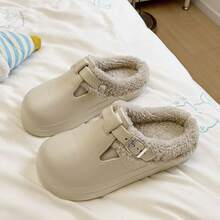 防水保暖毛绒拖鞋，时尚女士拖鞋，带保暖衬里，EVA 外底，轻便舒适，秋冬