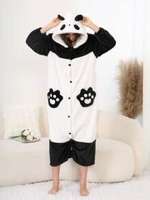 Pijama con capucha de felpa coral con decoración de orejas de panda para mujer, bata gruesa y cálida para otoño/invierno, esponjosa y acogedora - Blanco y Negro - Ver 9