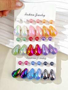 12 件/36 件复古简约多色水滴形环形耳环，创意百搭经典耳环套装 - 彩色 - 查看 3