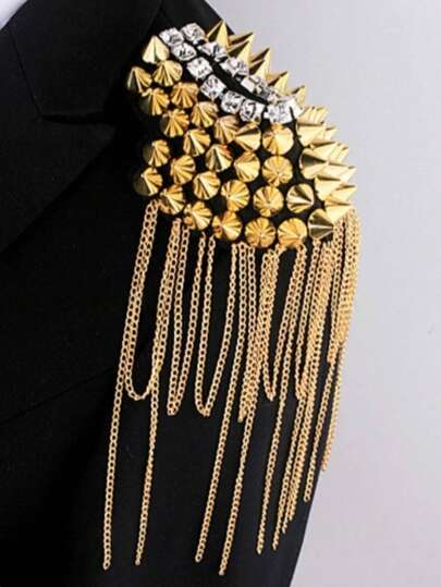 1pc Decorative Shoulder Epaulet With Jewelry Tassel, Rhinestone Embellished Gold Shoulder Patch, Suit Accessory For Men