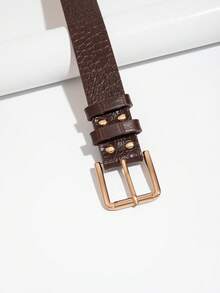 1 件女士复古梅洛风格方形扣腰带，适合秋冬日常使用，不对称皮革纹理图案随机发货 - 棕色 - 查看 3