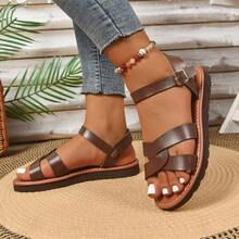 女士平底凉鞋，时尚扣带舒适宽松交叉带百搭户外简约轻便凉鞋，女士沙滩休闲凉鞋，纯色波西米亚风 - 咖啡棕 - 查看 4